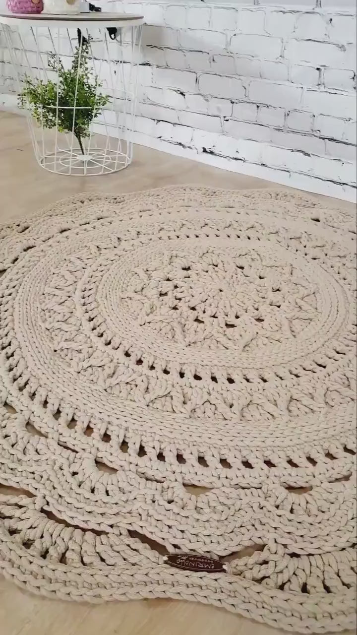 Teppich rund Wohnzimmer, Kinderzimmer Deko, Baumwollteppich, im skandinavischem Stil, vintage Teppich handgefertigt und nachhaltig