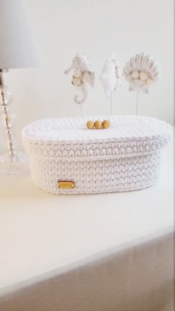 Kosmetikkorb gehäkelt oval, Aufbewahrungskorb mit Deckel, Dekoration Korb, Badausstattung, Geschenk Korb, Babyzimmer deko, Aufbewahrung Bad