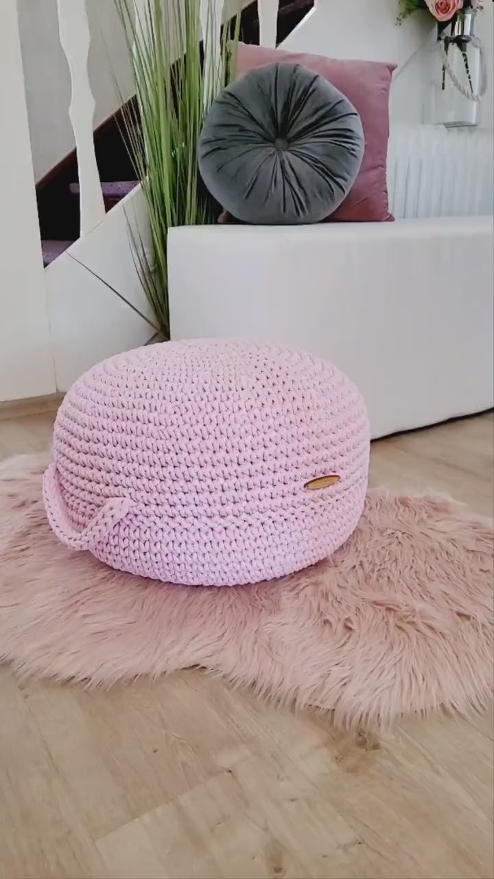 Pouf Ottoman gehäkelt, Babyzimmer deko, ro Bodenkissen, Sitzkissen, rosa Farben, Skandinavisches Kinderzimmer Dekor, Häkelhocker Sitzhocker