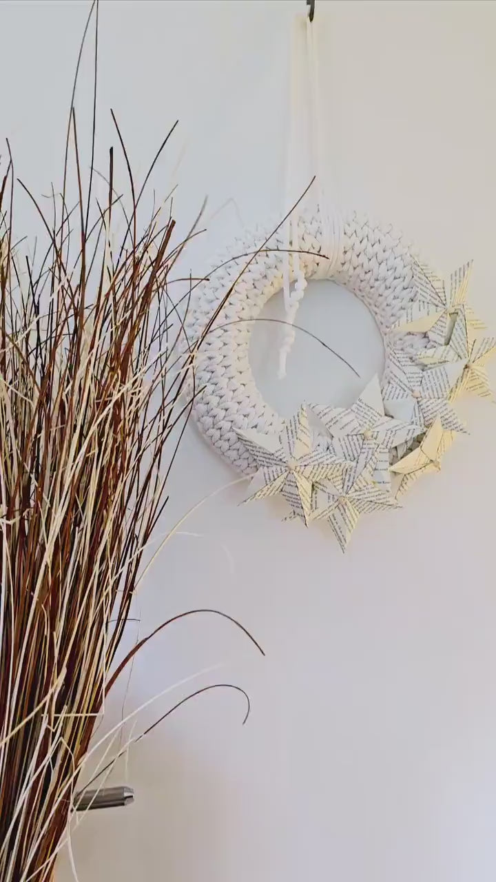 Door wreath spring, wall wreath handmade, with stars made from book pages - as home decoration - unique gifts for book lovers
