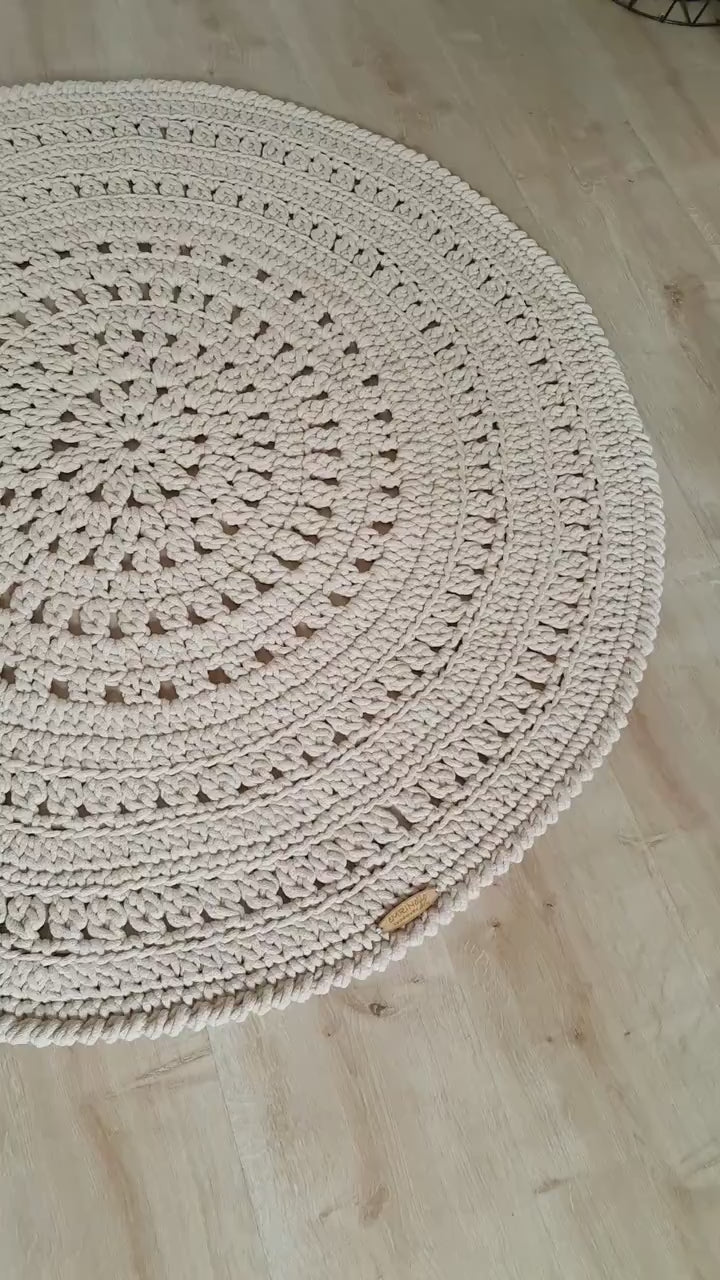 Teppich rund Wohnzimmer, Kinderzimmer Deko, Baumwollteppich, im skandinavischem Stil, vintage Teppich handgefertigt und nachhaltig