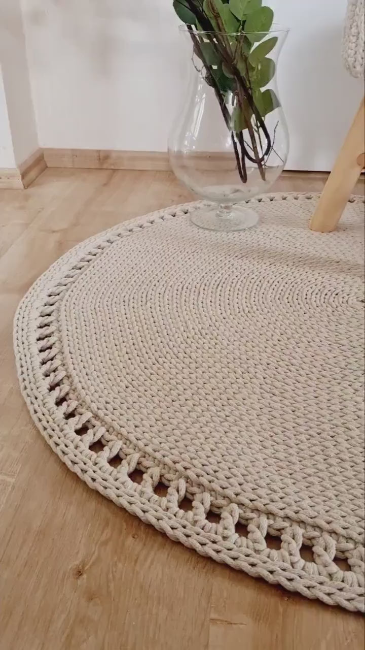 Teppich rund Badezimmer, Baumwollteppich beige, Teppich Babyzimmer, Mandala Teppich, skandinavisches Dekor, gehäkelter Teppich modern, Wohn